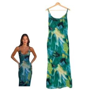 Backless Mesh Maxi Dress Green Blue Multicolor Size Medium Sultry Summer